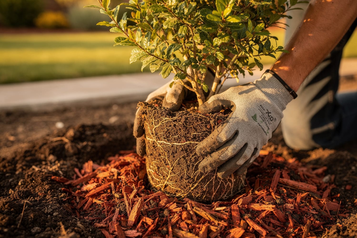 Gloved hands setting a healthy shrub root ball into prepared Colorado soil and fresh mulch