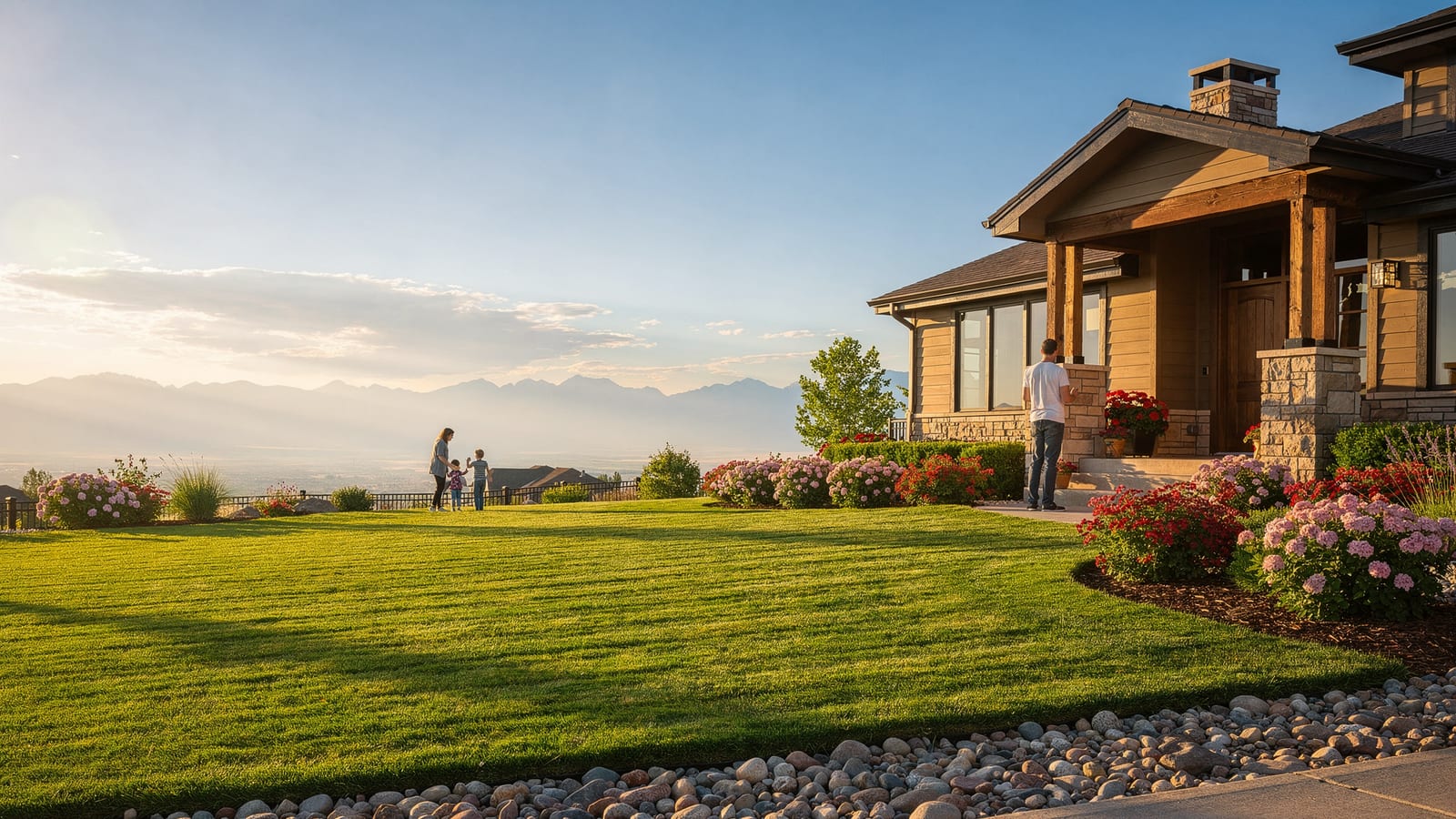 A manicured Centennial front yard with crisp mowing lines, river-rock borders, and the Front Range at golden hour
